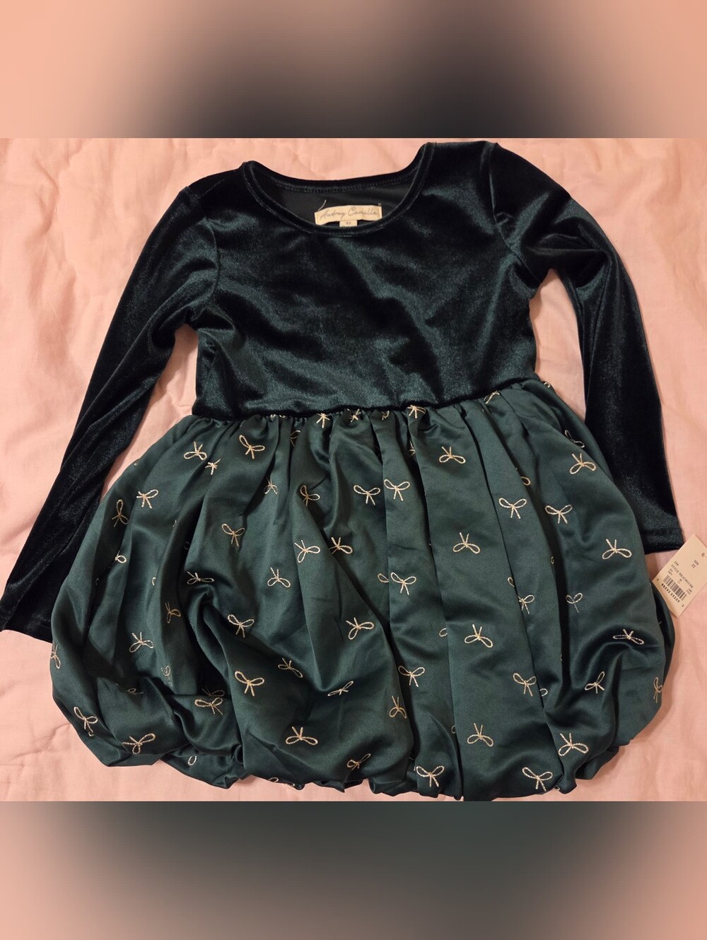 Girls' 3T Emerald Velvet Top Bow-Print Bubble Dress